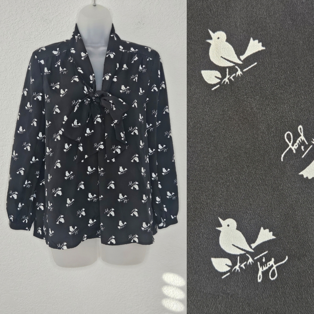 Juicy Couture Black Tie Bow Blouse with Novelty White Bird Print Office Chic